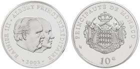MONACO - MONACO
Rainier III (1949-2005). 10 euro avec Albert prince héréditaire 2003, Pessac.
G.MC181 ; Argent - 25,05 g - 37 mm - 12 h
Seuls 4000 exe...
