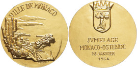 MONACO - MONACO
Rainier III (1949-2005). Médaille, jumelage Monaco-Ostende, par Tschudin 1964, Paris.
Argent doré - 75,74 g - 49,5 mm - 12 h
Poinçon (...