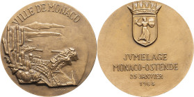 MONACO - MONACO
Rainier III (1949-2005). Médaille, jumelage Monaco-Ostende, par Tschudin 1964, Paris.
Argent doré - 57,18 g - 49,5 mm - 12 h
Poinçon (...