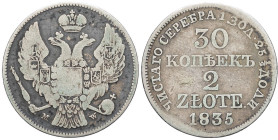 POLOGNE - POLAND
Nicolas Ier (1825-1855). 30 kopeks ou 2 zlote 1835 MW, Saint-Pétersbourg.
Bitkin 1152 - KM.132 ; Argent - 5,62 g - 26 mm - 11 h
TB.