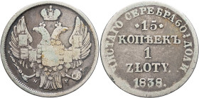 POLOGNE - POLAND
Nicolas Ier (1825-1855). 15 kopeks ou 1 zloty 1838 НГ, Saint-Pétersbourg.
Bitkin 1119 - KM.129 ; Argent - 3,04 g - 20 mm - 12 h
TB....