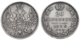 RUSSIE - RUSSIA
Nicolas Ier (1825-1855). 20 kopecks 1850 ПА, СПБ, Saint-Pétersbourg.
Bitkin 338 - KM.165 ; Argent - 4,08 g - 22 mm - 12 h
TTB.