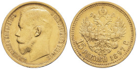 RUSSIE - RUSSIA
Nicolas II (1894-1917). 15 roubles 1897 АГ, Saint-Pétersbourg.
KM.Y.65.1 - Bitkin 1 - Fr.177 ; Or - 12,88 g - 24,5 mm - 12 h
Variété a...