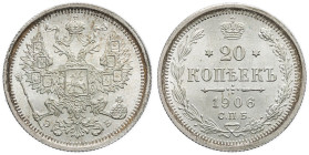 RUSSIE - RUSSIA
Nicolas II (1894-1917). 20 kopeck 1906 ЭБ, СПБ, Saint-Pétersbourg.
Bitkin 106 - KM.22a.1 ; Argent - 3,68 g - 22 mm - 12 h
Superbe à Fl...