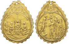 RUSSIE - RUSSIA
Médaille en or, naissance et baptême du Christ ND (XIXe s.).
Or - 6,80 g - 39,5 mm - 12 h
Perforation à 9 h. TTB.