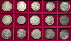 LOT - LOT
Jetons. Lot de 15 jetons ND.
Argent - total : 285,96 g
TTB à Superbe.
Banque de France an VIII (abeille) - Banque de Rouen 1843 (proue) - Co...