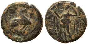 PAMPHYLIA. Perge. Circa 260-230 BC. Ae (bronze, 5.01 g, 16 mm). Sphinx seated right, wearing kalathos. Rev. Artemis standing left, holding wreath and ...