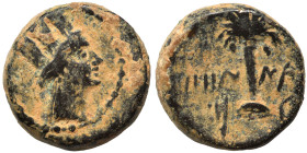 PHOENICIA. Tyre. Circa 2nd-1st century BC. Ae (bronze, 3.79 g, 14 mm). Head of Tyche right, wearing turreted crown. Rev. Palm tree, flanked by Phoenic...