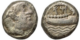 PHOENICIA. Arados. Uncertain king. Circa 348/7-339/8 BC. 1/3 Shekel (silver, 3.20 g, 12 mm). Laureate head of Ba'al-Arwad right. Rev. Galley right, ab...