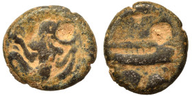 PHOENICIA. Arados. Circa 400-380 BC. Ae (bronze, 2.24 g, 13 mm). Half-length bust of marine deity (Ba'al Arwad) facing, head right, fish in each hand....