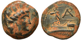 PHOENICIA. Arados. Circa 242-166 BC. Ae (bronze, 3.63 g, 17 mm). Turreted head of Tyche right. Rev. Athena standing left on prow of galley left; monog...