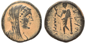 PHOENICIA. Marathos. 220-150 BC. Tetrachalkon (bronze, 11.16 g, 22 mm). Veiled female head (Berenike II?) to right. Rev. Marathos standing left, holdi...