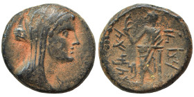 PHOENICIA. Marathos. 220-150 BC. Tetrachalkon (bronze, 8.14 g, 20 mm). Veiled female head (Berenike II?) to right. Rev. Marathos standing left, holdin...