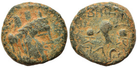 PHOENICIA. Berytus. 1st century BC. Ae (bronze, 8.68 g, 19 mm). Turreted head of Tyche right. Rev. Dolphin entwined around trident; on either side, pi...