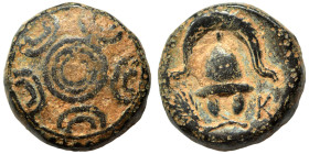 KINGS of MACEDON. Alexander III the Great, 336-323 BC. Ae (bronze, 4.96 g, 14 mm). Macedonian shield with pellet on boss. Rev. Macedonian helmet; grai...