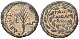 JUDAEA. Herodians. Herod III Antipas, 4 BC-39 AD. Half unit (bronze, 5.85 g, 19 mm), Tiberias. Legend within wreath. Rev. Palm frond; L MΓ (date) acro...