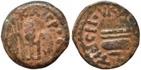 JUDAEA. Procurators. Pontius Pilate, 26-36. Prutah (bronze, 1.54 g, 13 mm). Simpulum. Rev. Three grain ears. Meshorer 331; Hendin 6370. Nearly very fi...