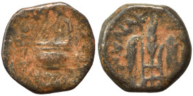 JUDAEA. Procurators. Pontius Pilate, 26-36. Prutah (bronze, 2.11 g, 14 mm). Simpulum. Rev. Three grain ears. Meshorer 331; Hendin 6370. Nearly very fi...