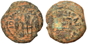 JUDAEA. Procurators. Pontius Pilate, 26-36. Prutah (bronze, 1.61 g, 14 mm). Simpulum. Rev. Three grain ears. Meshorer 331; Hendin 6370. Nearly very fi...