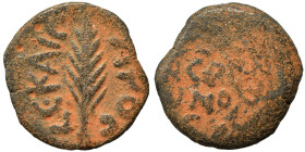 JUDAEA. Procurators. Porcius Festus, 59-62. Prutah (bronze, 2.09 g, 15 mm), Jerusalem. NЄP-ѠNO-C in three lines within wreath. Rev. L Є KAIC-APOC Palm...