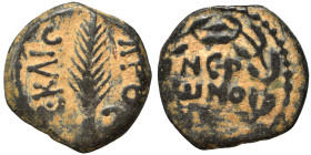 JUDAEA. Procurators. Porcius Festus, 59-62. Prutah (bronze, 2.33 g, 16 mm), Jerusalem. NЄP-ѠNO-C in three lines within wreath. Rev. L Є KAIC-APOC Palm...