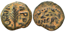 JUDAEA. Procurators. Porcius Festus, 59-62. Prutah (bronze, 2.14 g, 16 mm), Jerusalem. NЄP-ѠNO-C in three lines within wreath. Rev. L Є KAIC-APOC Palm...