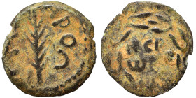 JUDAEA. Procurators. Porcius Festus, 59-62. Prutah (bronze, 1.39 g, 15 mm), Jerusalem. NЄP-ѠNO-C in three lines within wreath. Rev. L Є KAIC-APOC Palm...