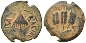 JUDAEA. Herodians. Agrippa I, 37-43. Prutah (bronze, 2.68 g, 17 mm), Jerusalem. Umbrella-like canopy with fringes. Rev. Three grain ears; L ς (date) f...