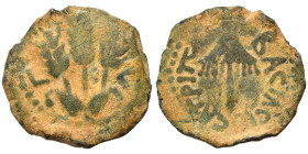 JUDAEA. Herodians. Agrippa I, 37-43. Prutah (bronze, 2.75 g, 17 mm), Jerusalem. Umbrella-like canopy with fringes. Rev. Three grain ears; L ς (date) f...