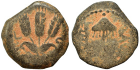 JUDAEA. Herodians. Agrippa I, 37-43. Prutah (bronze, 2.58 g, 17 mm), Jerusalem. Umbrella-like canopy with fringes. Rev. Three grain ears; L ς (date) f...