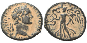 JUDAEA. Domitian, 81-96. (bronze, 4.11 g, 19 mm), Caesaraea Maritima. IMP DOMITIANVS CAES AVG GERMANICVS Laureate head of Domitian to right. Rev. Nike...