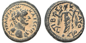 JUDAEA. Hadrian, 117-138. Ae (bronze, 5.78 g, 19 mm), Tiberias. Laureate bust right, aegis at point of bust. Rev. Nike standing right, head left, hold...