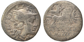 C. Curiatius Trigeminus, 142 BC. Denarius (silver, 2.82 g, 18 mm), Rome. TRIGE Helmeted head of Roma right; X (mark of value) below chin. Rev. C CVR /...