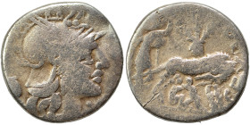 Sex. Pompeius Fostlus, 137 BC. Denarius (silver, 3.62 g, 18 mm), Rome. Helmeted head of Roma right; capis to left, X (mark of value) below chin. Rev. ...