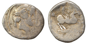 Q. Titius, 90 BC. Denarius (silver, 3.81 g, 19 mm), Rome. Head of Liber or young Bacchus right, wearing ivy wreath. Rev. Pegasus springing right upon ...
