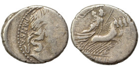 C. Vibius C.f. Pansa, 90 BC. Denarius (silver, 3.97 g, 18 mm), Rome. PANSA Laureate head of Apollo to right. Rev. C•VIBIVS•C•F Minerva driving quadrig...