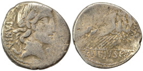 C. Vibius C.f. Pansa, 90 BC. Denarius (silver, 3.88 g, 19 mm), Rome. PANSA Laureate head of Apollo to right. Rev. C•VIBIVS•C•F Minerva driving quadrig...