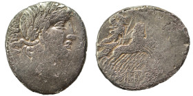 C. Vibius C.f. Pansa, 90 BC. Denarius (silver, 3.58 g, 19 mm), Rome. PANSA Laureate head of Apollo to right. Rev. C•VIBIVS•C•F Minerva driving quadrig...