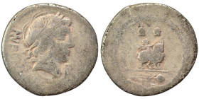 Mn. Fonteius C.f, 85 BC. Denarius (silver, 3.26 g, 19 mm), Rome. MN FONTEI C F Laureate head of Vejovis to right; below, thunderbolt. Rev. The infant ...