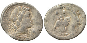 Mn. Fonteius C.f, 85 BC. Denarius (silver, 3.82 g, 21 mm), Rome. MN FONTEI C F Laureate head of Vejovis to right; below, thunderbolt. Rev. The infant ...