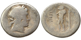 L. Marcius Censorinus, 82 BC. Denarius (silver, 3.52 g, 18 mm), Rome. Laureate head of Apollo to right. Rev. L·CENSOR Marsyas standing to left, raisin...