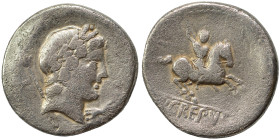 Publius Crepusius, 82 BC. Denarius (silver, 3.31 g, 19 mm), Rome. Laureate head of Apollo to right; behind, scepter and T; below chin, uncertain symbo...