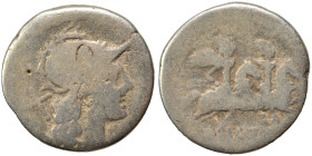 Roman Republic. Denarius (silver, 3.29 g, 18 mm), Rome. Helmeted head of Roma right. Rev. The Dioscuri, each holding spear, on horseback riding right....
