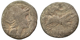 Roman Republic. Denarius (silver, 3.17 g, 18 mm), Rome. Helmeted head of Roma right. Rev. Quadriga right. Fine.