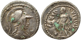 C. Vibius Varus, 42 BC. Denarius (silver, 3.04 g, 18 mm), Rome. Head of Minerva to right, wearing crested Corinthian helmet and aegis. Rev. C•VIBIVS V...