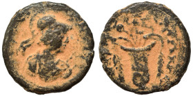 AEOLIS. Elaea. 1st half of the 2nd century. Ae (bronze, 1.42 g, 13 mm). bust of Athena, right, wearing helmet and aegis. Rev. ΕΛΑEΤΩΝ Basket with popp...