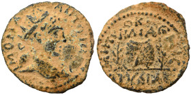 SYRIA, Seleucis and Pieria. Emesa. Elagabalus, 218-222. Ae (bronze, 5.82 g, 23 mm). Radiate head of Elagabalus to right. Rev. Prize urn between two pa...