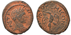 SYRIA, Seleucis and Pieria. Emesa. Elagabalus, 218-222. Ae (bronze, 4.64 g, 20 mm). Laureate head right. Rev. ΜΗΤΡΟ Κ ЄΜΙCΩΝ / Ɛ Eagle with spread win...