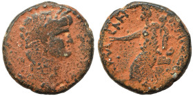 SYRIA, Coele-Syria. Damascus. Nero, 54-68. Ae (bronze, 10.05 g, 25 mm). Laureate head right; lituus before. Rev. ΔAMAΣKHNΩN ZOT Tyche seated left on r...