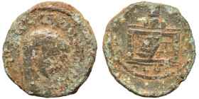 ARABIA. Bostra. Elagabalus, 218-222. Ae (bronze, 4.73 g, 16 mm). Laureate head right. Rev. Altar on which are three piles of holy stones (baetyls), on...